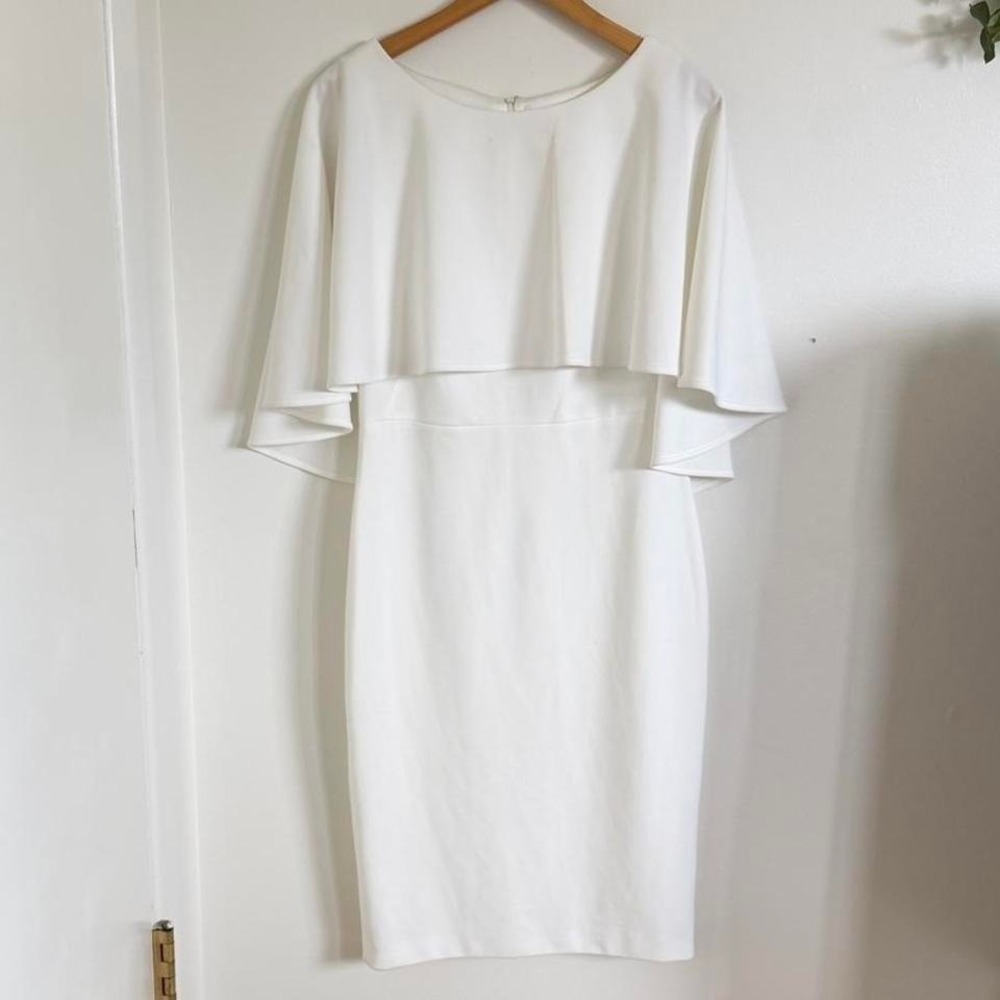 Calvin Klein White Cape Overlay Mini Dress Size 6‎ Elegant Minimalist